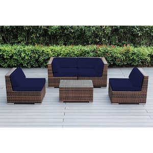 Ohana Mixed Brown 5-Piece Wicker Patio Seating Set with Sunbrella Navy Cushions