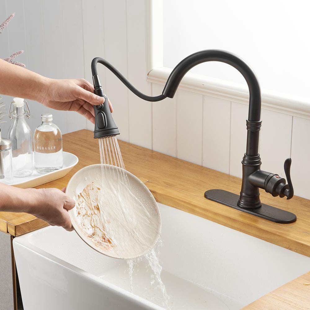 Matte Black Single-Handle Pull-Down Kitchen Faucet with Deck Plate