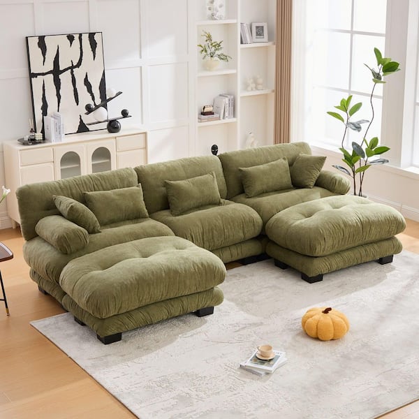 Sorrow 118.11 in. Pillow Top Arm Velvet Upholstered U Shaped Sectional Sofa in. Olive Green with 2 Ottomans, Pillows