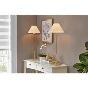 Ashburn 31 in. Plated Gold Table Lamp with White Fabric Shade (Set of 2)