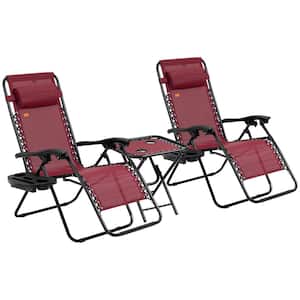 Zero Gravity Wine Red Metal Chaise Lounger Chair Set, Folding Reclining Lawn Chair (3-Piece)