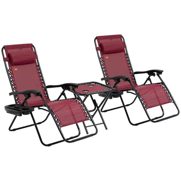 Outsunny Zero Gravity Wine Red Metal Chaise Lounger Chair Set, Folding Reclining Lawn Chair (3-Piece)