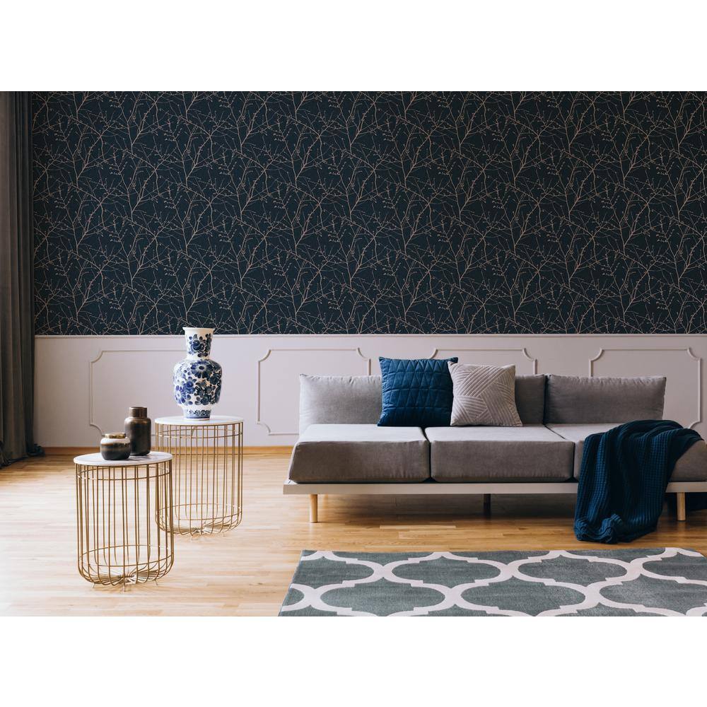 Navy and Copper Foil Floral Wallpaper
