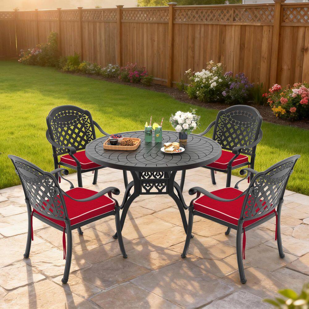 Black 5-Piece Cast Aluminum Outdoor Dining Set, 47.24 in. Round Dining Table and 4 Patio Chairs with Red Cushions price history on PriceWatchPro