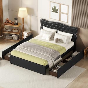 Button-Tufted Black Wood Frame Queen Size PU Leather Upholstered Platform Bed with Nailhead Trim Headboard and 4-Drawer
