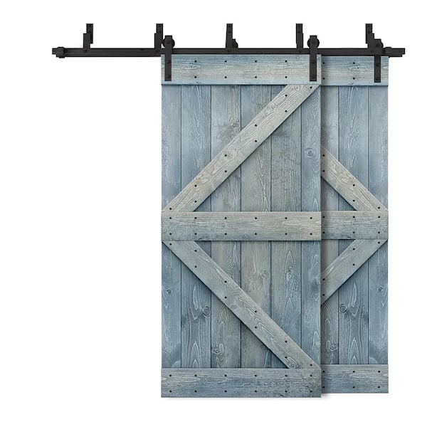 CALHOME 40 in. x 84 in. K-Bypass Denim Blue Stained DIY Solid Wood Interior Double Sliding Barn Door with Hardware Kit
