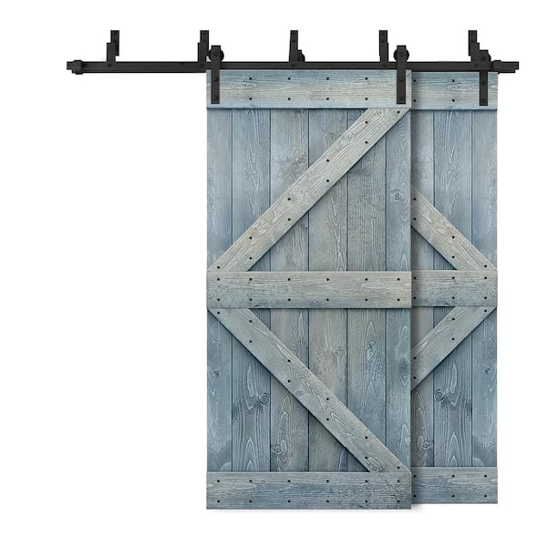 CALHOME 44 in. x 84 in. K-Bypass Denim Blue Stained DIY Solid Wood Interior Double Sliding Barn Door with Hardware Kit