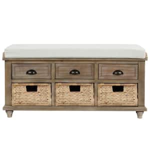 White Washed Rustic Storage Bench with 3-Drawers and 3-Rattan Baskets 42.1 in. W x 15.4 in. D x 18.7 in. H