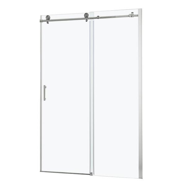 48 in. W x 76 in. H Sliding Frameless Shower Door in Brushed Nickel with 5/16 in. (8 mm) Clear