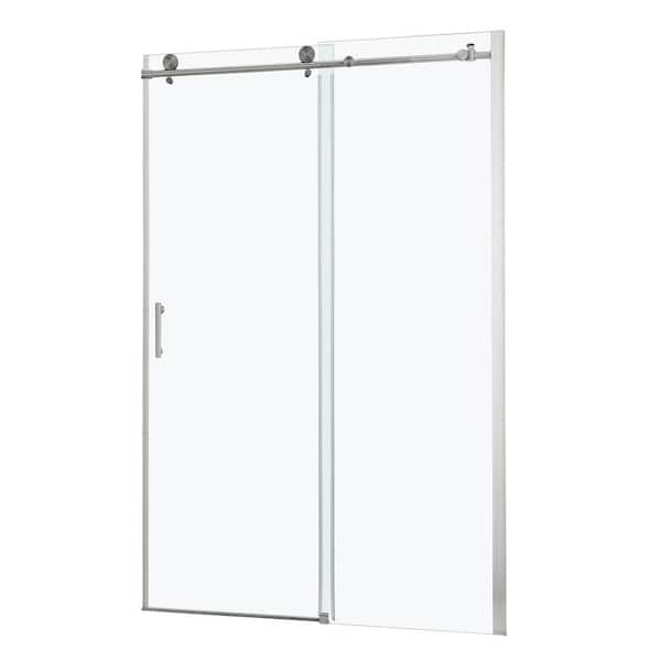 Sarlai 48 in. W x 76 in. H Sliding Frameless Shower Door in Brushed Nickel with 5/16 in. (8 mm) Clear Glass and Handle