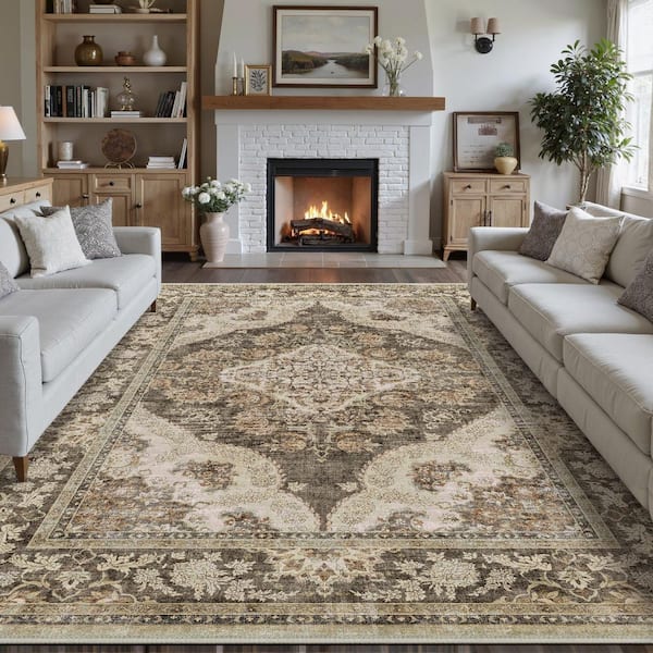 Misael Brown 8 ft. x 10 ft. Vintage Washable Medallion Distressed Area Rug