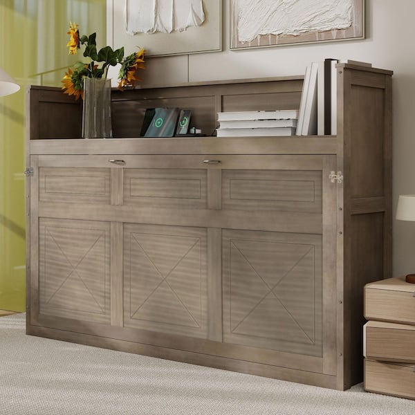 Gray Wash Wood Frame Twin Size Murphy Bed with Desk, LED Light and USB Charging Station