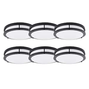 14 in. Brushed Nickel Selectable LED Round Double Ring Flush Mount Dimmable Black (6-Pack)