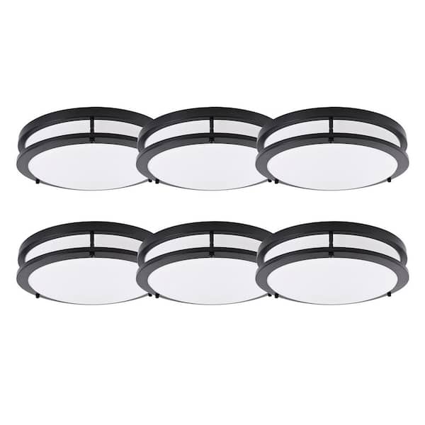 ENERGETIC LIGHTING 14 in. Brushed Nickel Selectable LED Round Double Ring Flush Mount Dimmable Black (6-Pack)