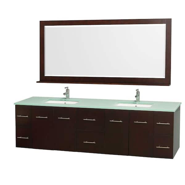 Wyndham Collection Centra 80 in. Double Vanity in Espresso with Glass Vanity Top in Aqua and Square Porcelain Under-Mounted Sinks