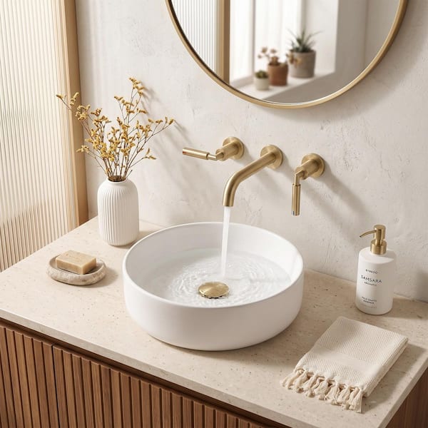 Brass Double Handle Wall Mounted Bathroom Faucet Vessel Sink Faucet with Pop Up Drain and Brass Valve in Gold