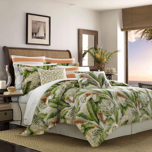 Charcoal Blue Coastal Beach Palm Leaves Reversible Queen Comforter Set 8 Pc 