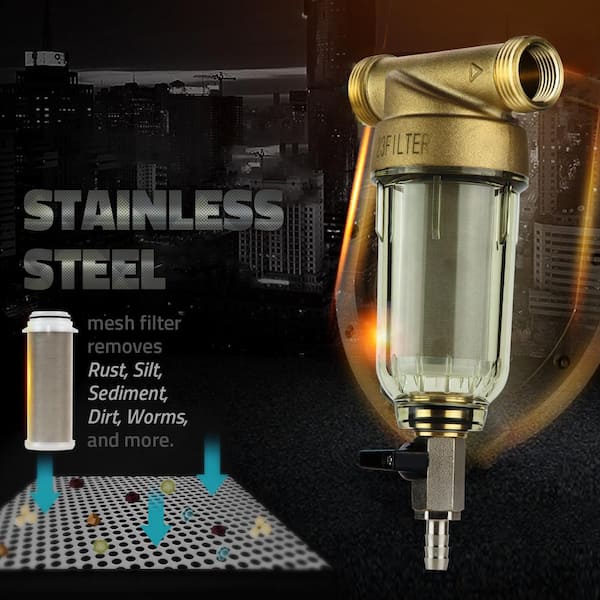 500-Micron Reusable Spin Down Sediment Water Filter w/ Siliphos, Prevents Scale and Corrosion, 1 in. MNPT, 3/4 in. FNPT