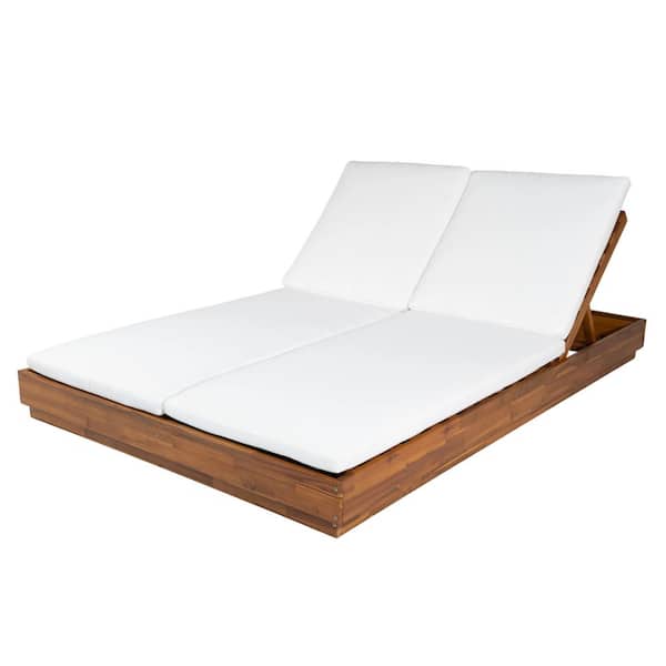 Xena Teak Finish 1-Piece Solid Wood Double Seater Patio Outdoor Chaise Lounge with White Cushions, Adjustable Backrest