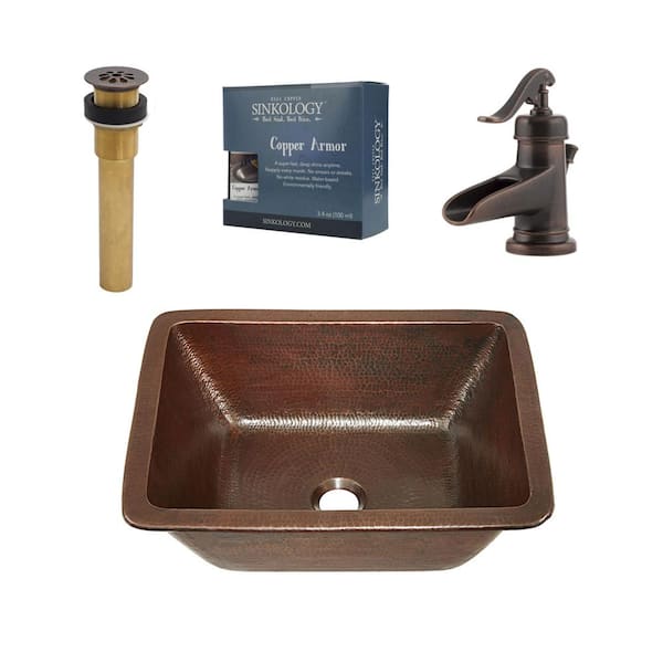 SINKOLOGY Hawking 18 Gauge 17 in. Copper Dual Flex Bath Sink in Aged Copper with Ashfield Faucet Kit