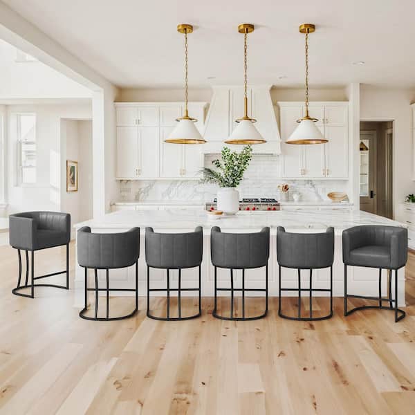 LUE BONA Siska 26 in.Modern Gray Faux Leather Upholstered Counter Stool with Black Metal Frame Barrel Bar Stool Set of 6