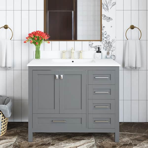 Unbranded 36 in. W x 22 in. D x 37 in. H Single Sink Freestanding Bath Vanity in Grey with White Marble Top