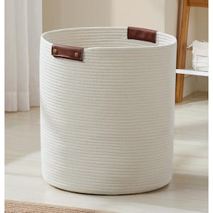 100% Cotton Fabric Rope Storage Basket Basket with Leather Handles 16 in. x 18 in.