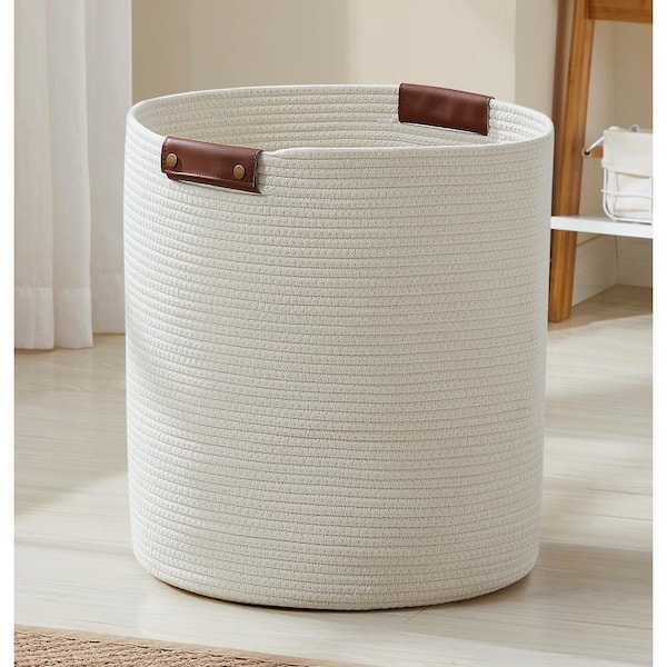 Ornavo Home 100% Cotton Fabric Rope Storage Basket Basket with Leather Handles 16 in. x 18 in.