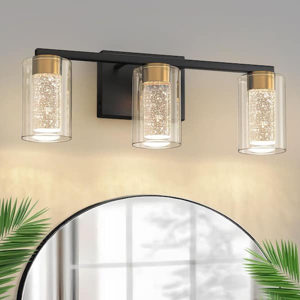 18 in. 3 Light Black and Gold LED Vanity Light Bar with Glass Shades and 3CCT Dimmable Function