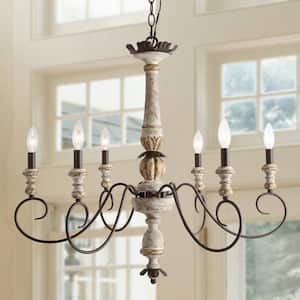Farmhouse Antique Wood Candlestick Island Chandelier, Classic 6-Light Rustic Rusty Bronze Light with Imitation Gold Leaf