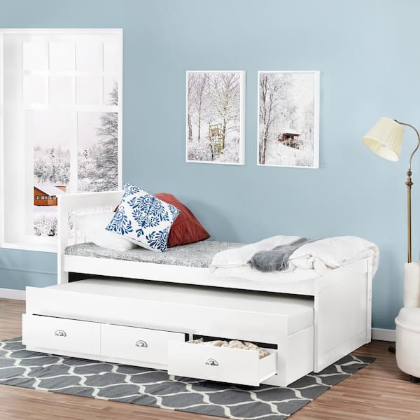 HOMESTOCK White Twin Size Captain's Bed with Pull Out Trundle and 3-Storage Drawers, Solid Pine Wood Platform Bed