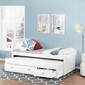 White Twin Size Captain's Bed with Pull Out Trundle and 3-Storage Drawers, Solid Pine Wood Platform Bed
