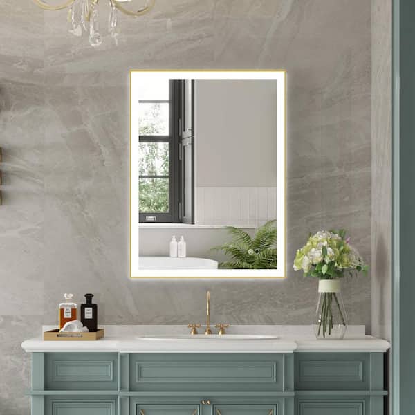 WELLFOR RECA 24 in. W x 32 in. H Rectangular Single Aluminum Framed Anti-Fog LED Light Wall Bathroom Vanity Mirror in Gold