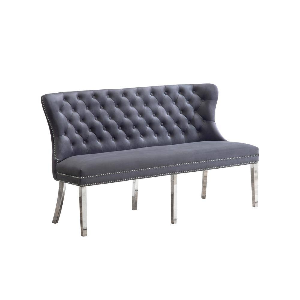 Elegant Dark Gray Velvet Bench with Silver Stainless Steel Legs
