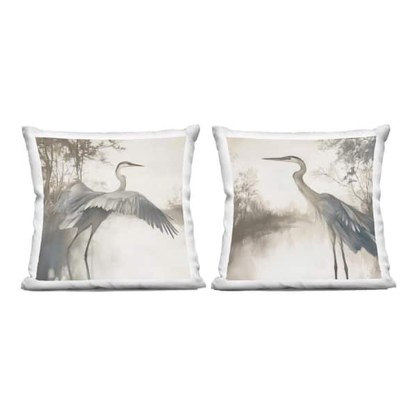 Heron Feathers Over Water Off-White Print Zipper Polyester 18 in. X 18 in. Throw Pillow Set of 2