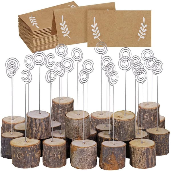 1.6 in. W x 5.7 in. H Brown Rustic Wood Place Card Napkins Holder with Swirl Wire for Wedding, Party and Table (30-Pack)