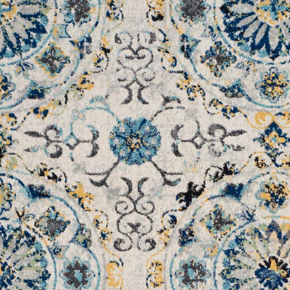 Ivory Blue Elegance Synthetic 6'7" x 9' Hand-Knotted Rug