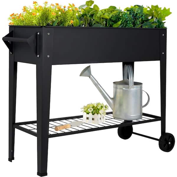 Phewnyzo 32 in. Outdoor Raised Garden Bed with Wheels and Shelf 400 lbs. Capacity Anti-Rust Steel in Black