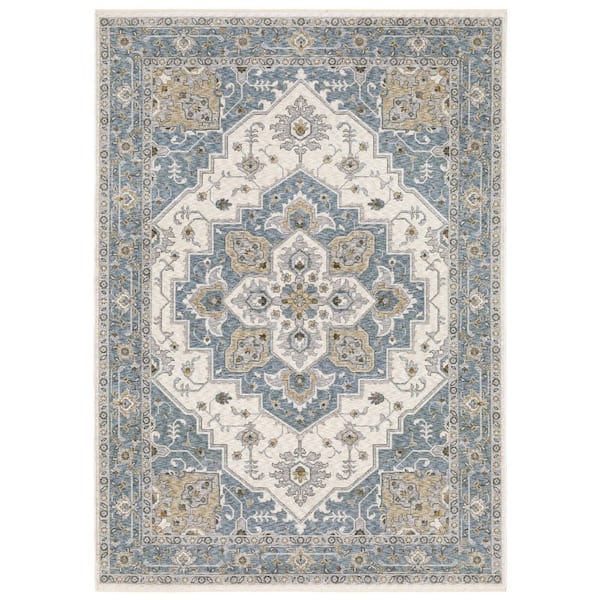 7' X 10' Blue And Ivory Medallion Distressed Area Rug With Fringe