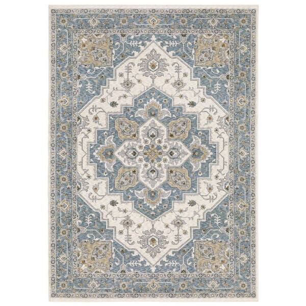 7' X 10' Blue And Ivory Medallion Distressed Area Rug With Fringe