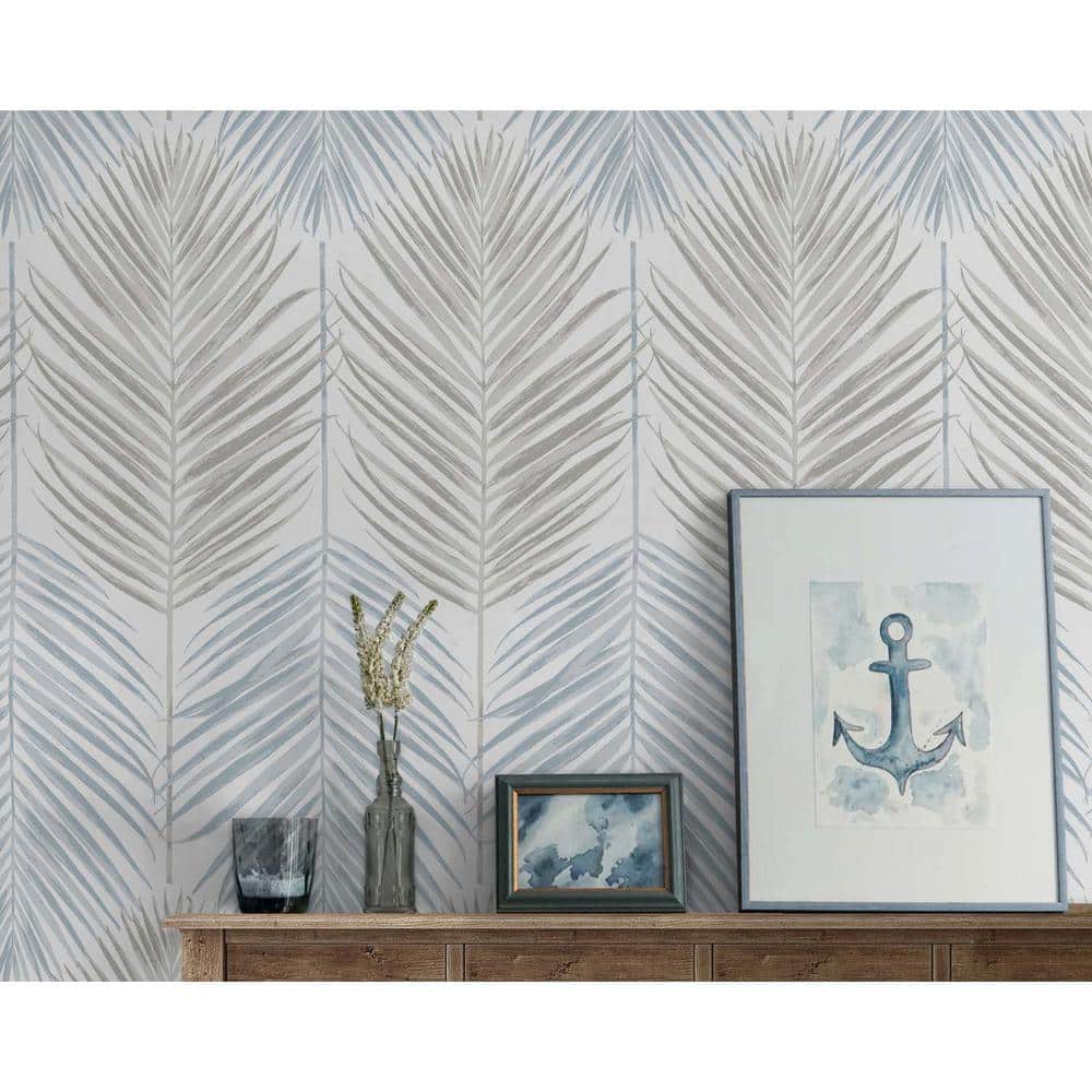 Blue Mist and Daydream Grey Palm Vinyl Peel and Stick Wallpaper Roll