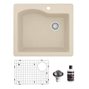 QT-671 Quartz/Granite 25 in. Single Bowl Top Mount Drop-In Kitchen Sink in Bisque with Bottom Grid and Strainer
