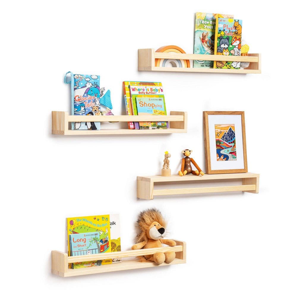 24 in. W x 4 in. D Natural Solid Wood Floating Bookshelf Decorative Wall Shelf（4-Pack）
