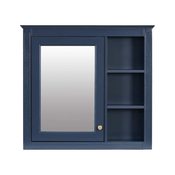 30 in. W x 28 in. H Blue Rectangular Wood MDF Medicine Cabinet with Mirror, 3-Open Shelves