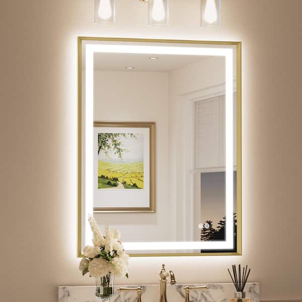 28 in. W x 36 in. H Rectangular Framed LED Lighted Bathroom Vanity Mirror with Light in Gold with Backlit and Anti-Fog