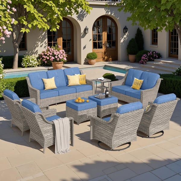 Toject Eureka Gray 9-Piece Wicker Modern Outdoor Patio Conversation Sofa Seating Set with Swivel Chairs and Blue Cushions