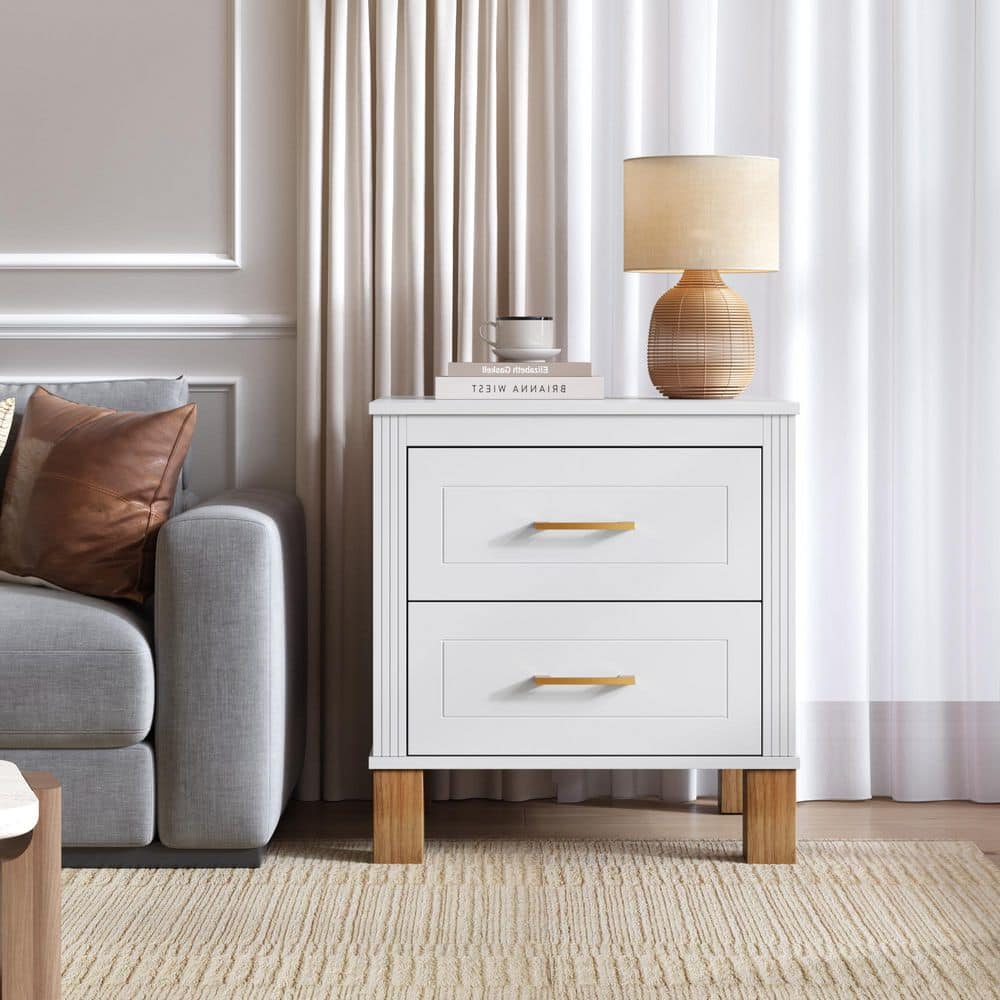 Preston White 20.47 in. W 2-Drawer Nightstand with Metal Handle and Elegant Fluted Design