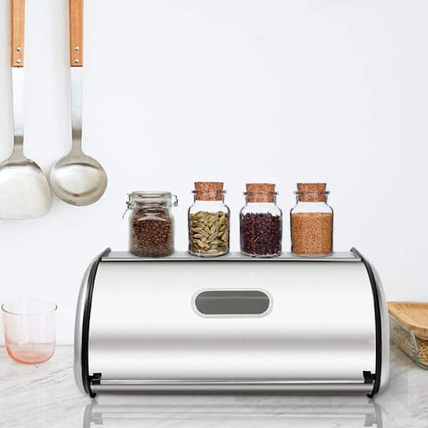 1-Piece Stainless Steel Extra Large Bread Box with Roll Up Lid and Window, 17 x 11 x 7.5 in. Countertop Storage