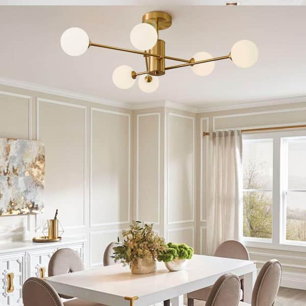 HUOKU Ceder 6-Light 32.7 in. W Pure Brass Semi-Flush Mount Sputnik