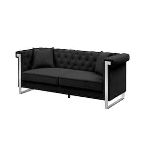 77.56 in. W Square Arms Button Chenille Fabric 3-Seater Straight Sofa with 2-Pillow in Black